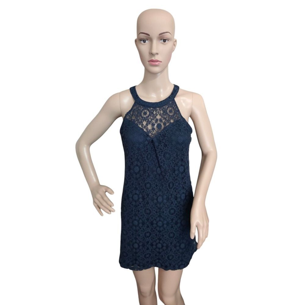 Monteau Mini Dress Women's Large Blue Geometric Above The Knee Floral Keyhole